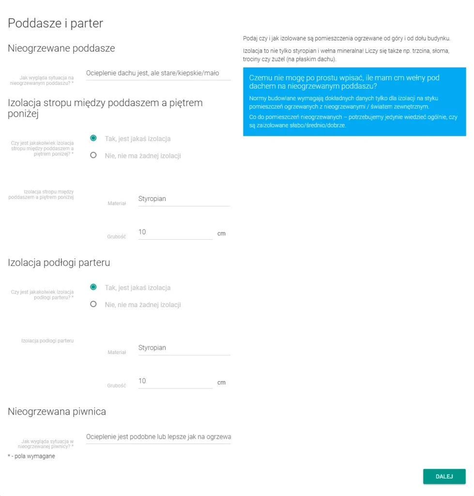 Screen ze strony cieplo.app przedstawiający wybór izolacji poddasza i parteru.