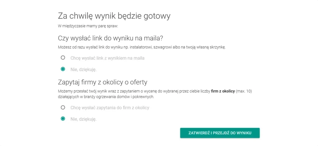 Screen ze strony cieplo.app przedstawiający podsumowanie wyniku kalkulatora obliczającego zapotrzebowanie budynku w energię cieplną.