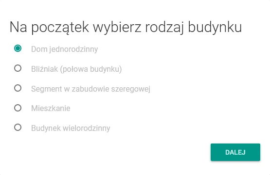 Screen ze strony cieplo.app przedstawiający wybór rodzaju budynku