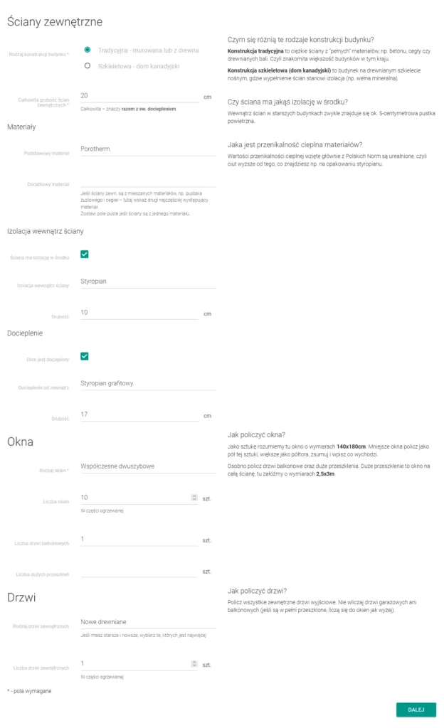 Screen ze strony cieplo.app przedstawiający wybór ścian zewnętrznych, okien i drzwi.